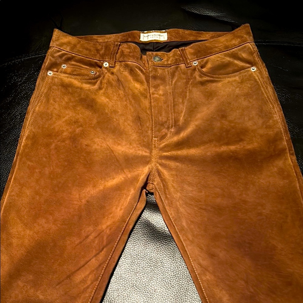 Saint Laurent Brown Suede Leather Mens Pants